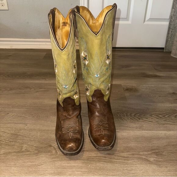 Sonora Green & Brown Leather Floral Embroidered Cowboy Boots - Picture 7 of 14